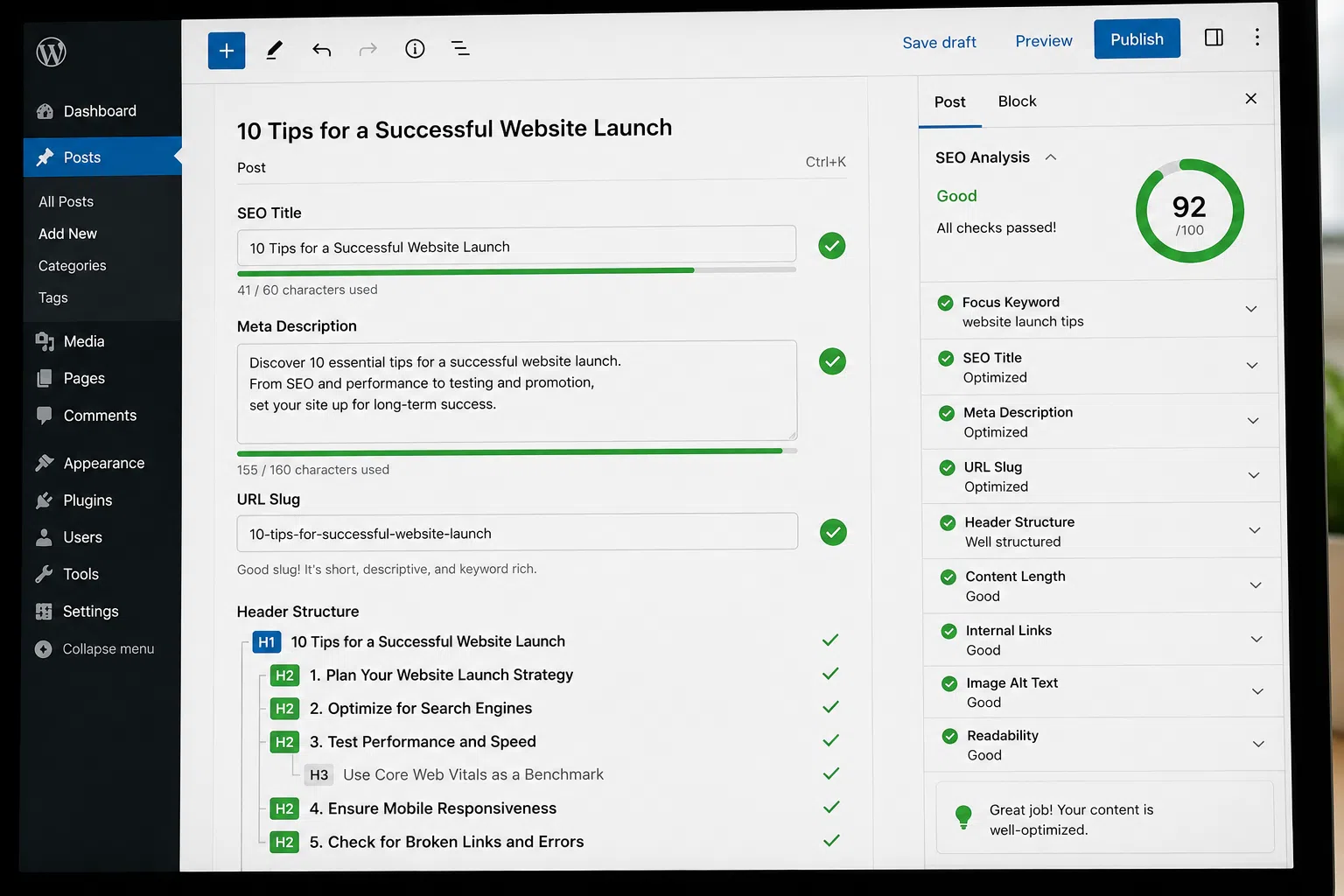 Close-up of a content management system interface displaying SEO optimization settings, including title tags, meta descriptions, URL slug, and header structure, with green checkmarks indicating completed optimization tasks and a high SEO score.
