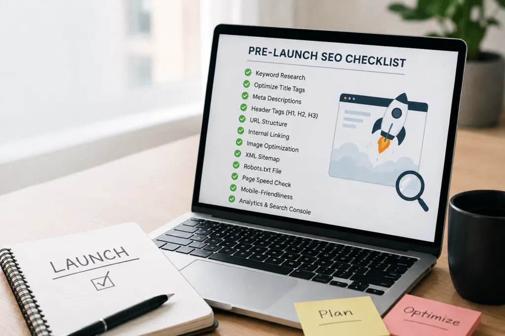 Modern workspace with a laptop displaying an SEO optimization dashboard, checklist elements, and website launch planning materials on a clean desk.