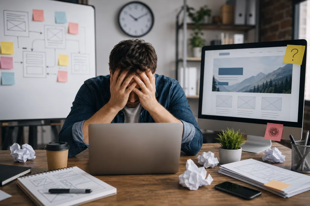 A frustrated small business owner sits at a desk with a laptop, website wireframes, sticky notes, and design mockups, illustrating the challenges of a poorly planned website project.