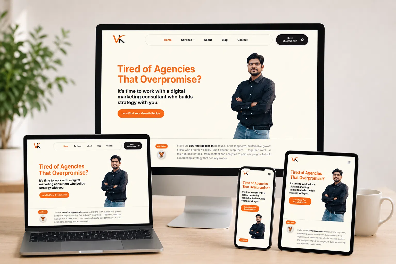 A modern workspace featuring a desktop monitor, laptop, smartphone, and tablet displaying the Vineet Kukreti website homepage, demonstrating a responsive web design with a clean layout, bold orange accents, and consistent user experience across all screen sizes.