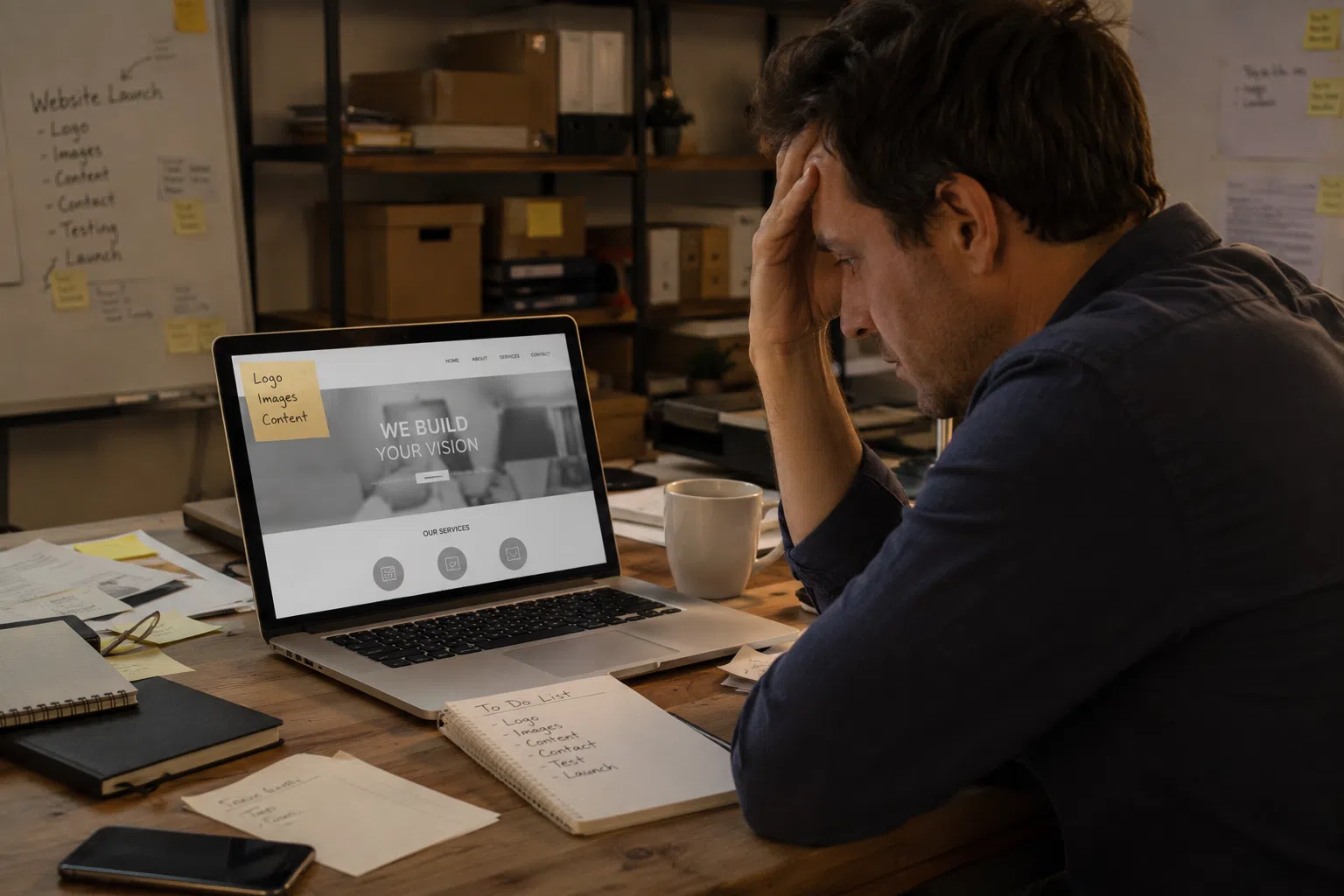 A frustrated small business owner sits at a cluttered desk, looking at a laptop displaying a half-finished website, surrounded by notes and paperwork in a warmly lit office.