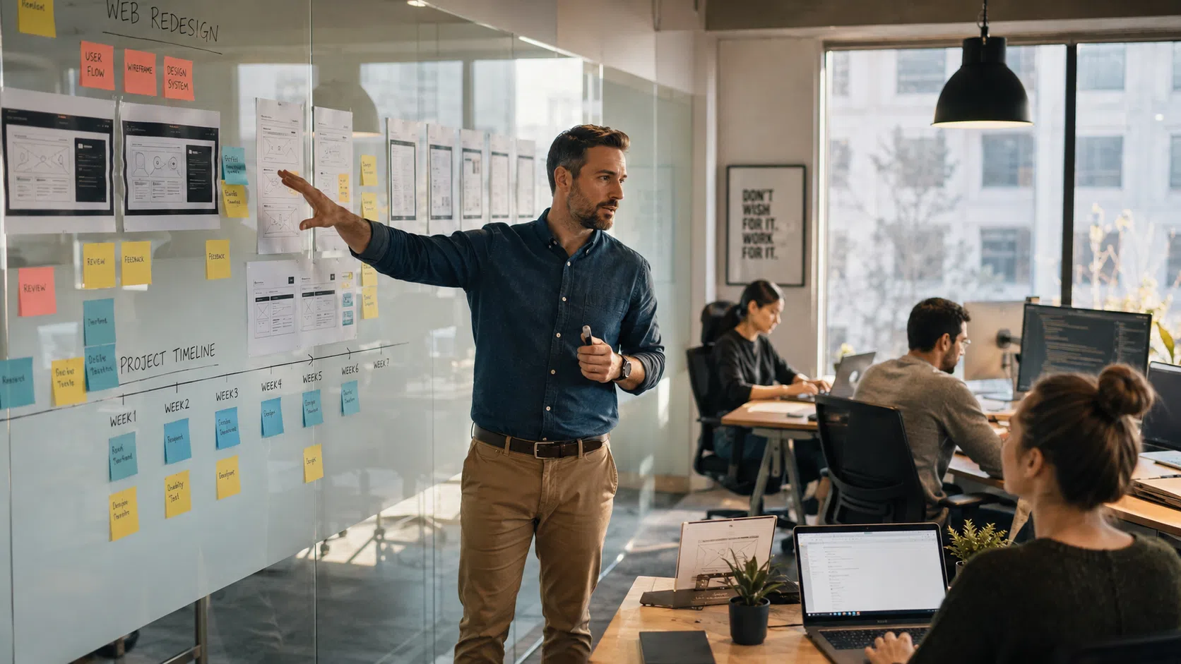 Focused project manager gesturing toward a glass wall with sticky notes, website wireframes, and a project timeline as designers and developers work together in a modern office with natural light.