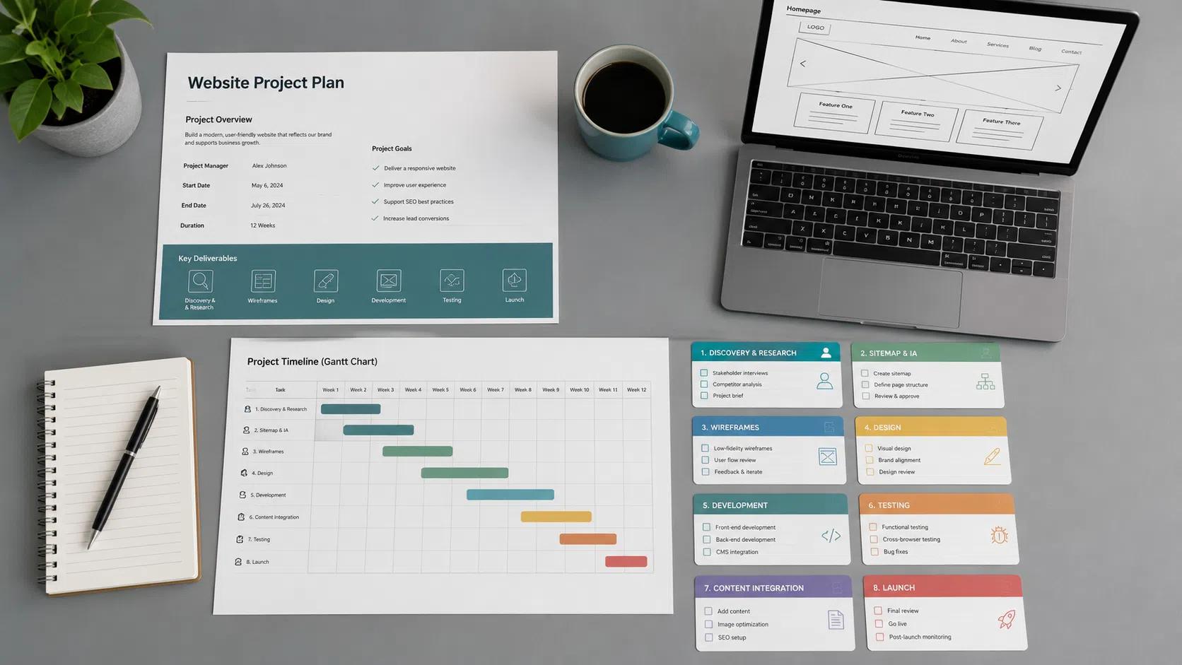 Overhead flat-lay of a modern desk with a printed website project plan, Gantt chart, color-coded task cards, a laptop showing a website wireframe, a coffee cup, and neatly arranged office supplies.