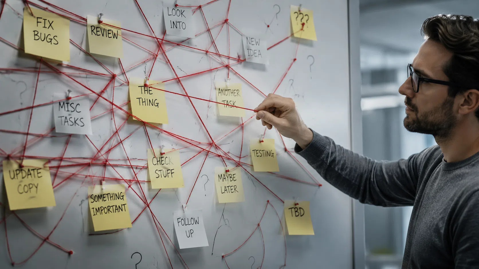A person straightens a tangled red string connecting sticky notes on a whiteboard, representing the process of organizing complex project tasks and improving workflow clarity.