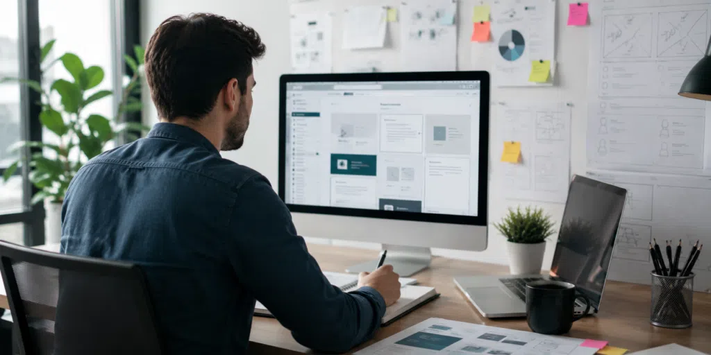 Website project manager reviewing website wireframes and project planning materials at a modern office desk with design mockups, sticky notes, and a laptop.