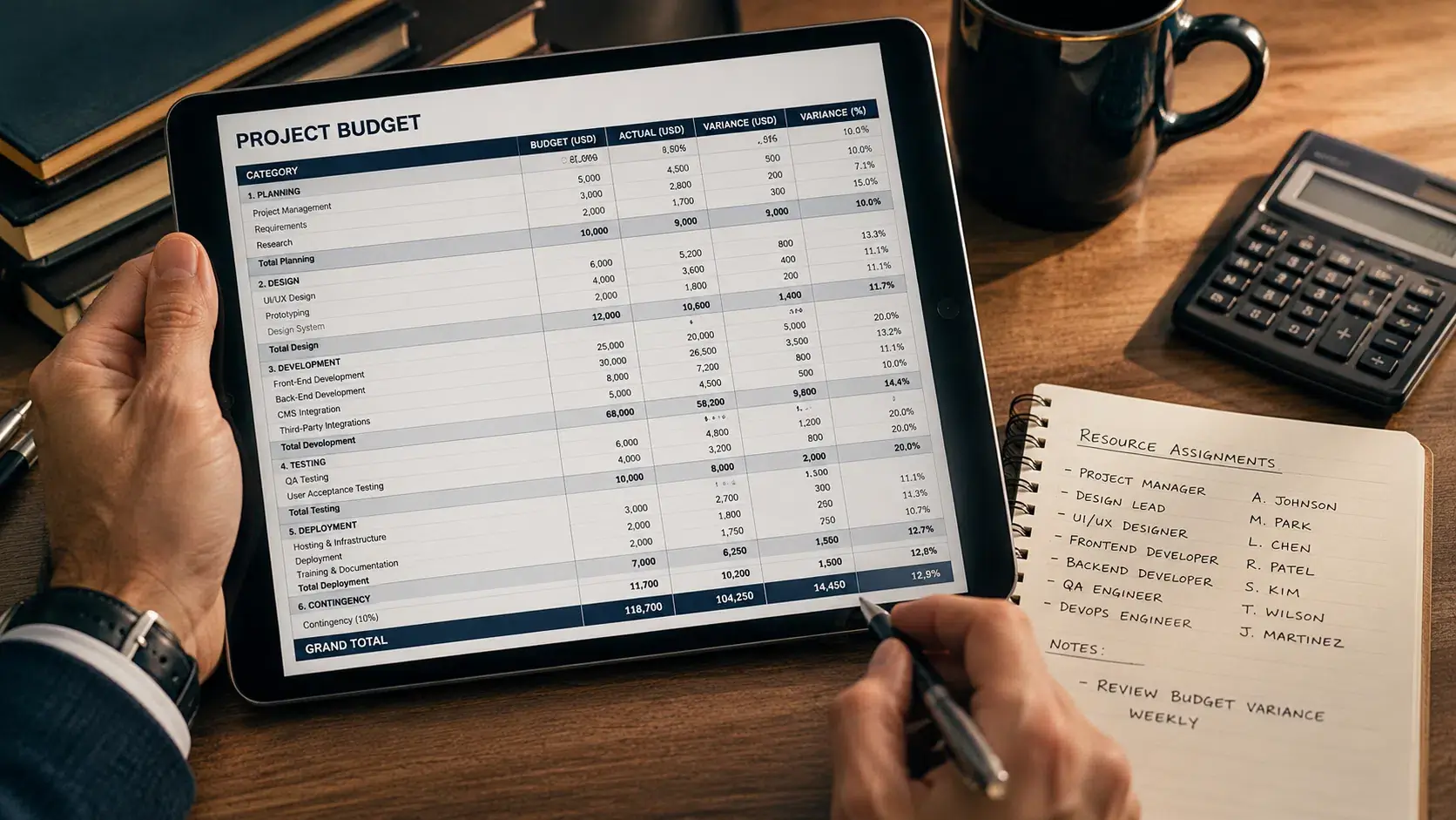 Close-up of hands reviewing a project budget spreadsheet on a tablet next to a notebook with handwritten resource assignments and a calculator on a neatly organized desk.