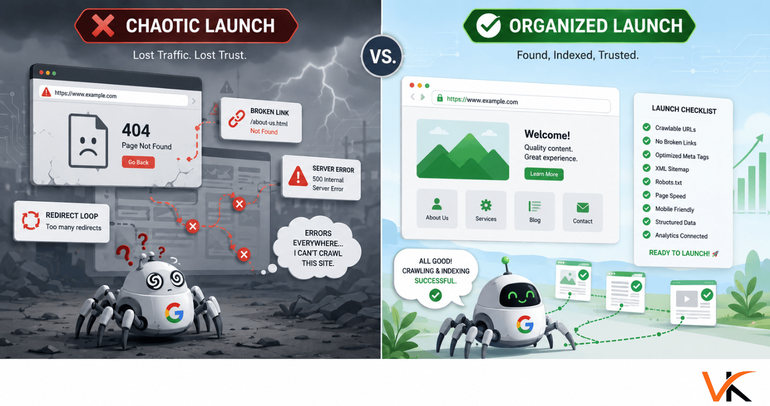 Split-screen illustration comparing a chaotic website launch with broken links, 404 errors, and crawl issues on the left, against an organized website launch with completed checklists, successful search engine crawling, and indexed pages on the right. A blank white section appears at the bottom for additional content or branding.