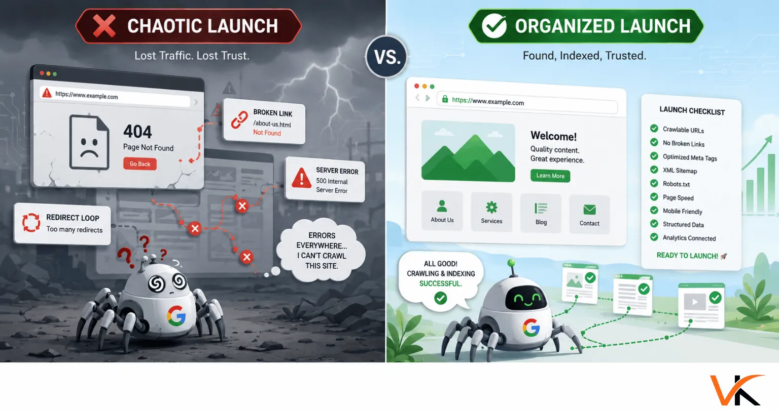 Split-screen illustration comparing a chaotic website launch with broken links, 404 errors, and crawl issues on the left, against an organized website launch with completed checklists, successful search engine crawling, and indexed pages on the right. A blank white section appears at the bottom for additional content or branding.