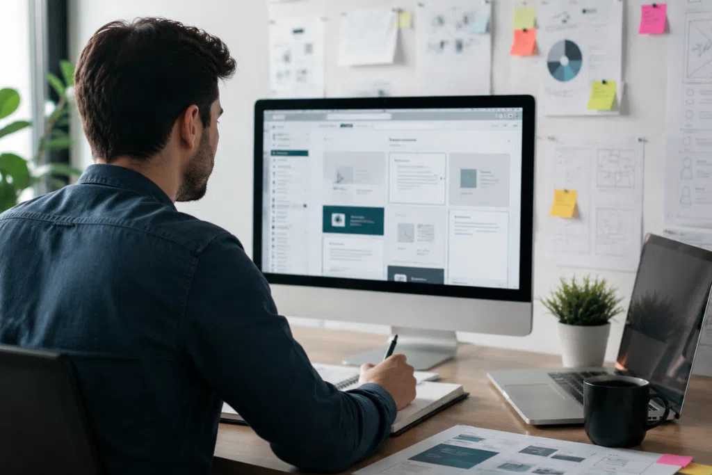 Website project manager reviewing website wireframes and project planning materials at a modern office desk with design mockups, sticky notes, and a laptop.