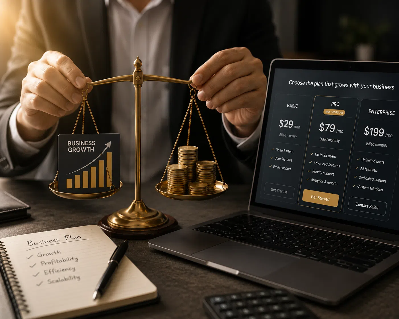 Close-up of a business owner's hands balancing a business growth chart and stacked coins on a brass scale beside a laptop displaying SaaS subscription pricing tiers in a modern office.