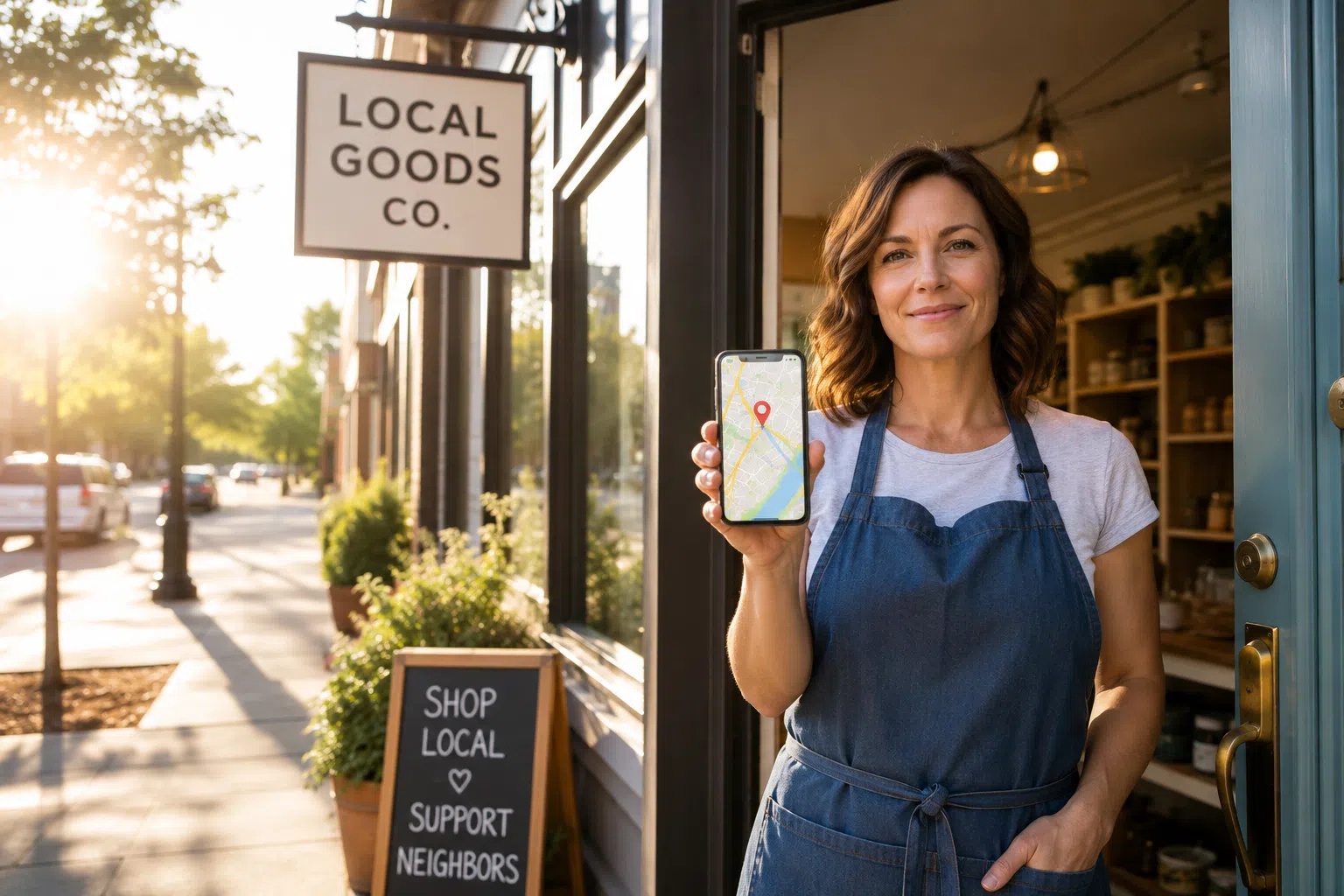 Small business owner standing outside a neighborhood storefront holding a smartphone with a map and location pin in warm morning sunlight.