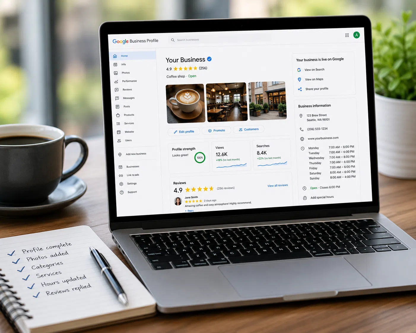 Laptop displaying a completed Google Business Profile dashboard on a wooden desk with a coffee cup and notebook in a bright, modern workspace.