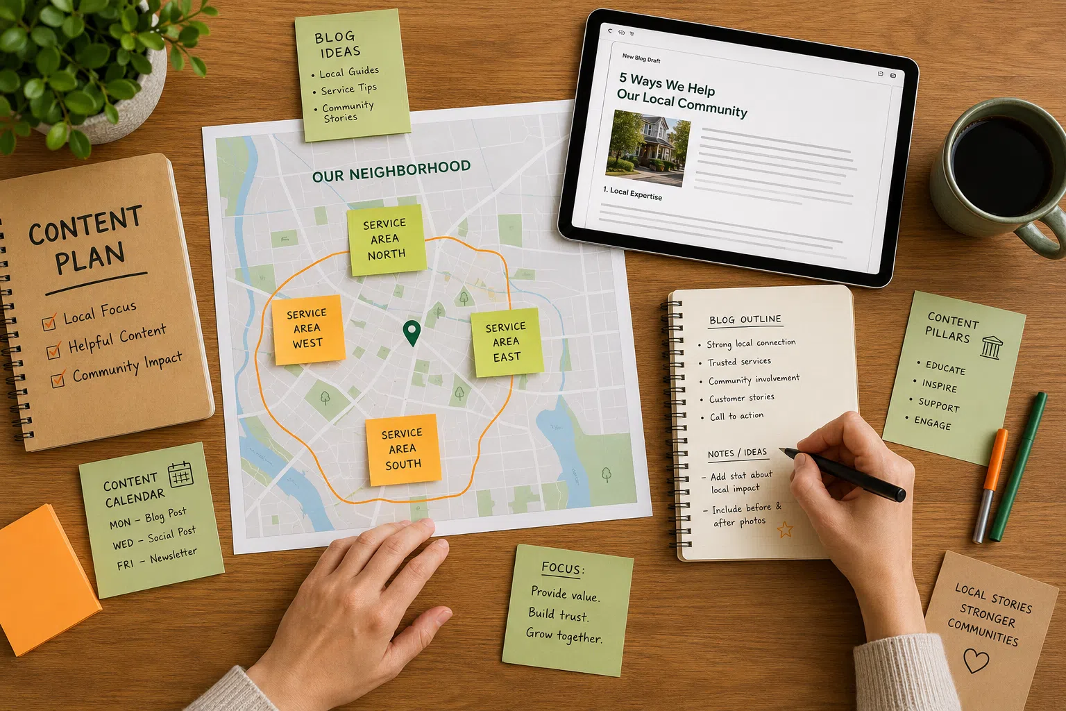 Overhead view of a content planning workspace with a neighborhood map, sticky notes marking service areas, a tablet displaying a blog draft, and a notebook on a wooden desk.
