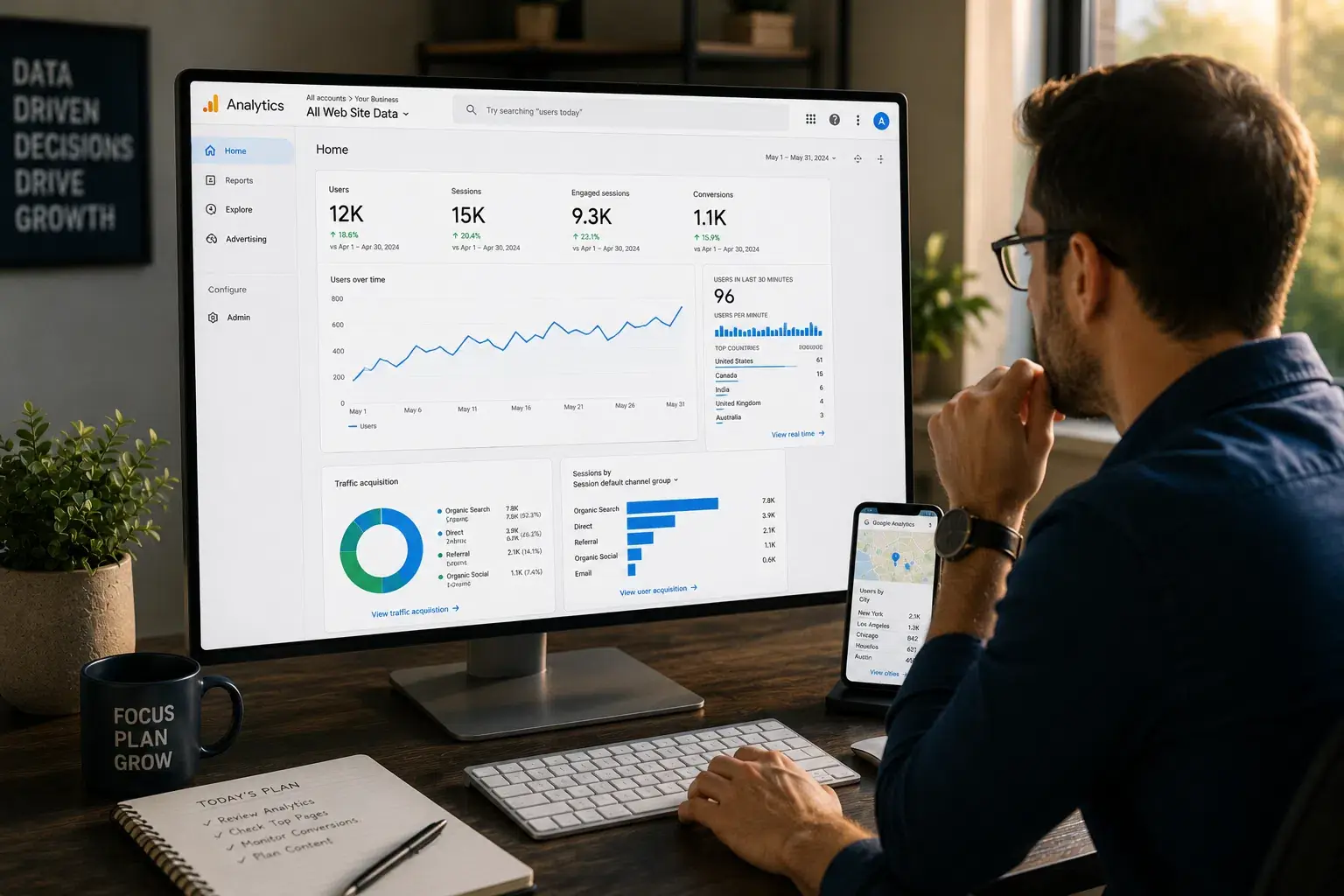 Business owner reviewing a Google Analytics dashboard on a desktop monitor with traffic charts and website metrics while a smartphone displaying map insights sits beside the keyboard.