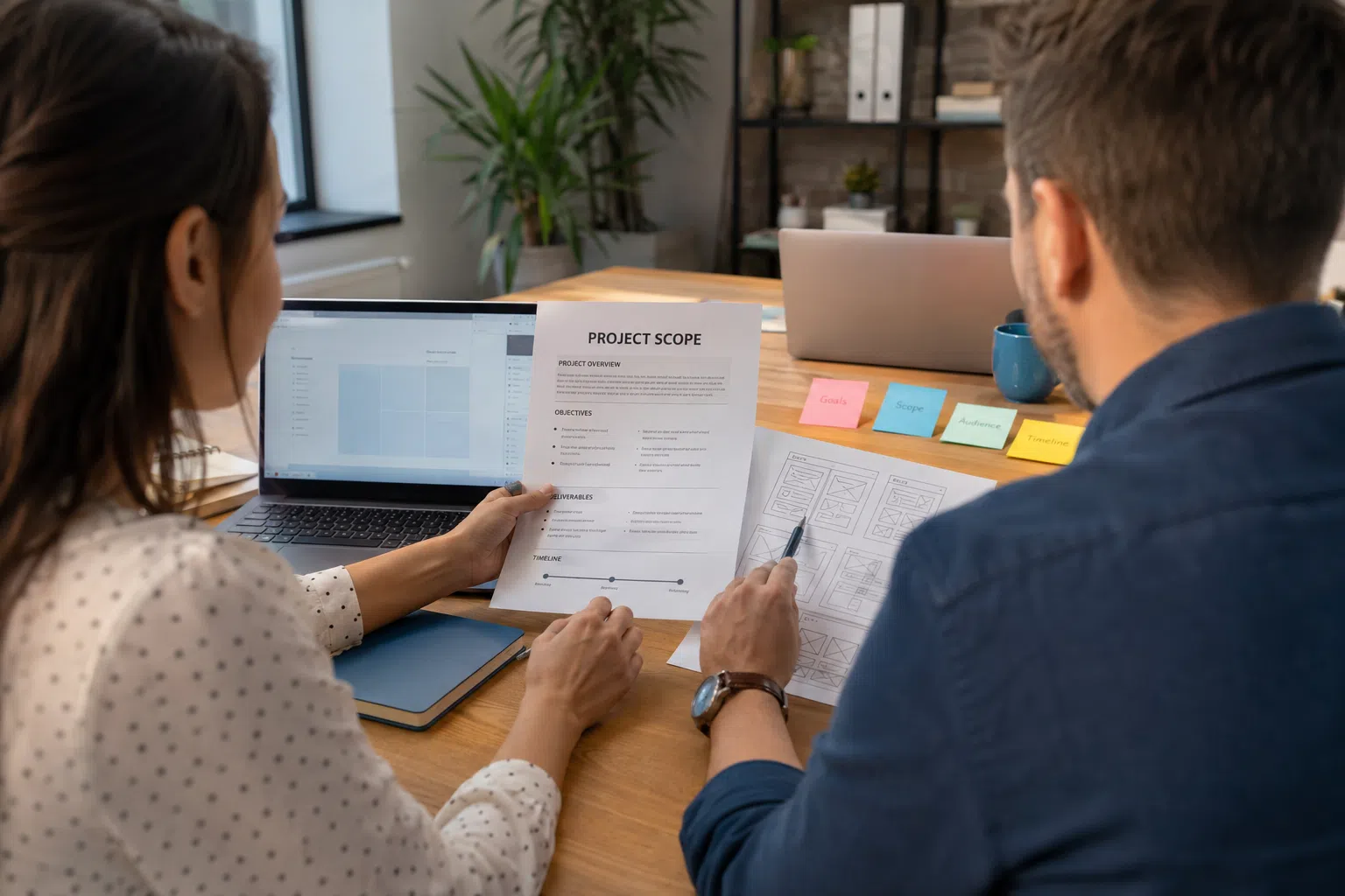 A small business owner and web consultant review a printed project scope document and website wireframe sketches at a bright office desk with laptops and sticky notes in the background.