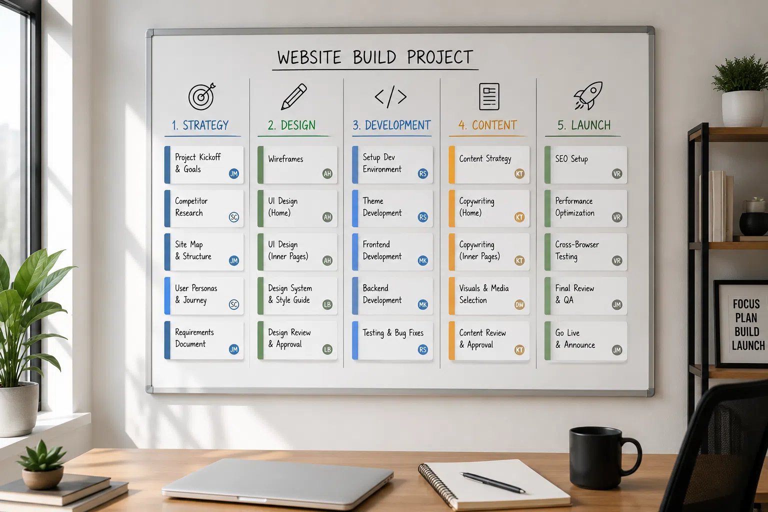 A modern office project board displaying a website build workflow organized into Strategy, Design, Development, Content, and Launch columns with color-coded task cards.