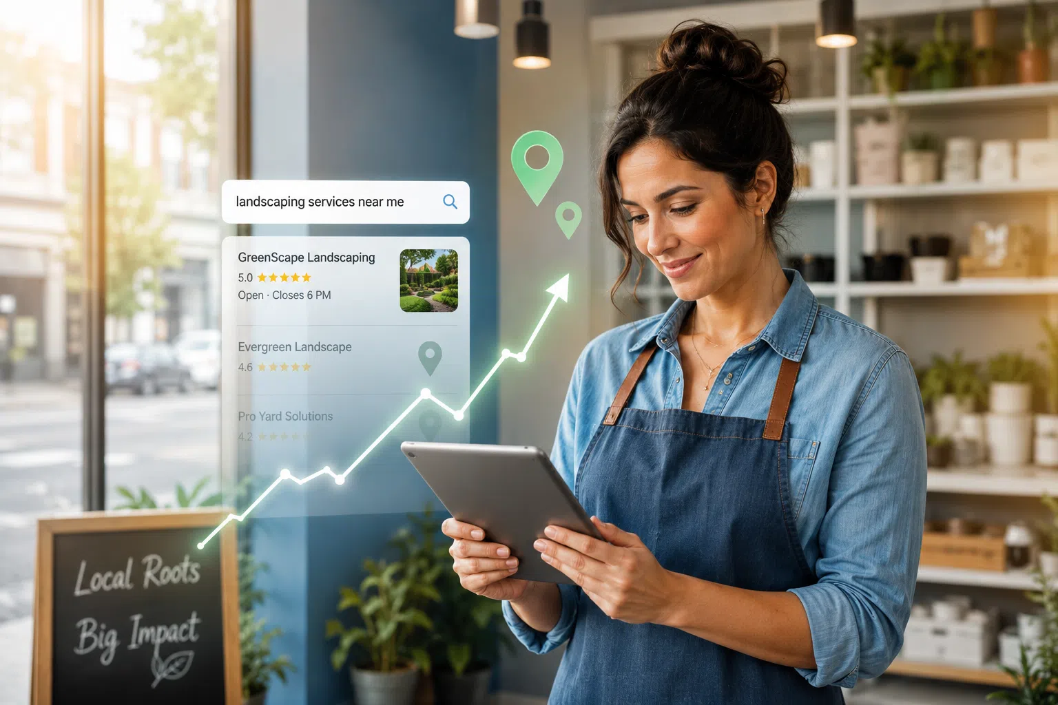Small business owner standing in a bright modern storefront using a tablet with search results, location pin icons, and an upward growth graph overlay.