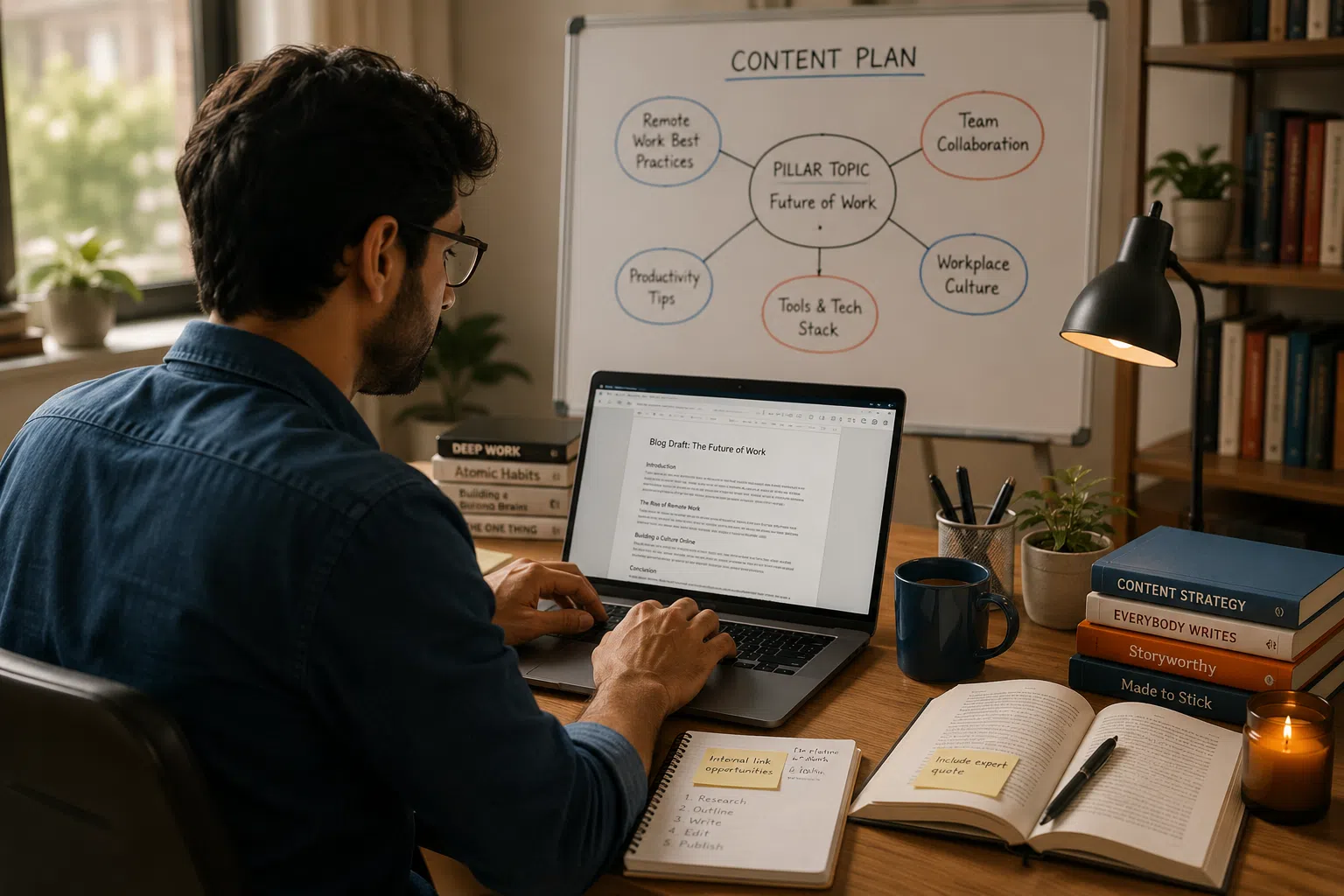 Writer typing a blog draft on a laptop at a tidy desk with open reference books and a whiteboard displaying a connected content planning mind map in warm afternoon light.