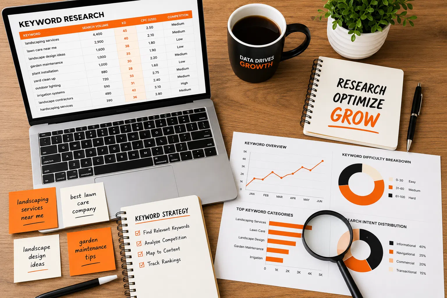 Top-down view of a wooden desk with a laptop displaying a keyword research spreadsheet, sticky notes with search phrases, printed SEO charts, a magnifying glass, and a black coffee mug accented with orange.