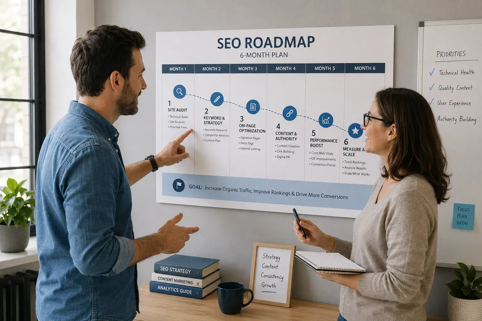 Small business owner and SEO consultant discussing a six-month SEO roadmap displayed on a wall in a bright office with natural window light.