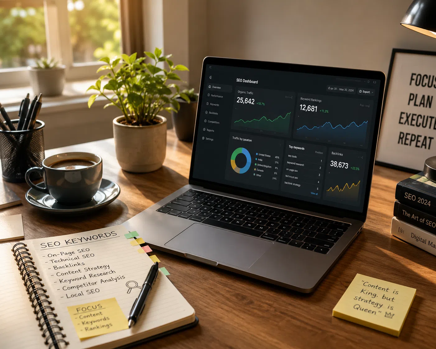 SEO Analytics Workspace: A Clean Home Office Setup for Data-Driven Growth