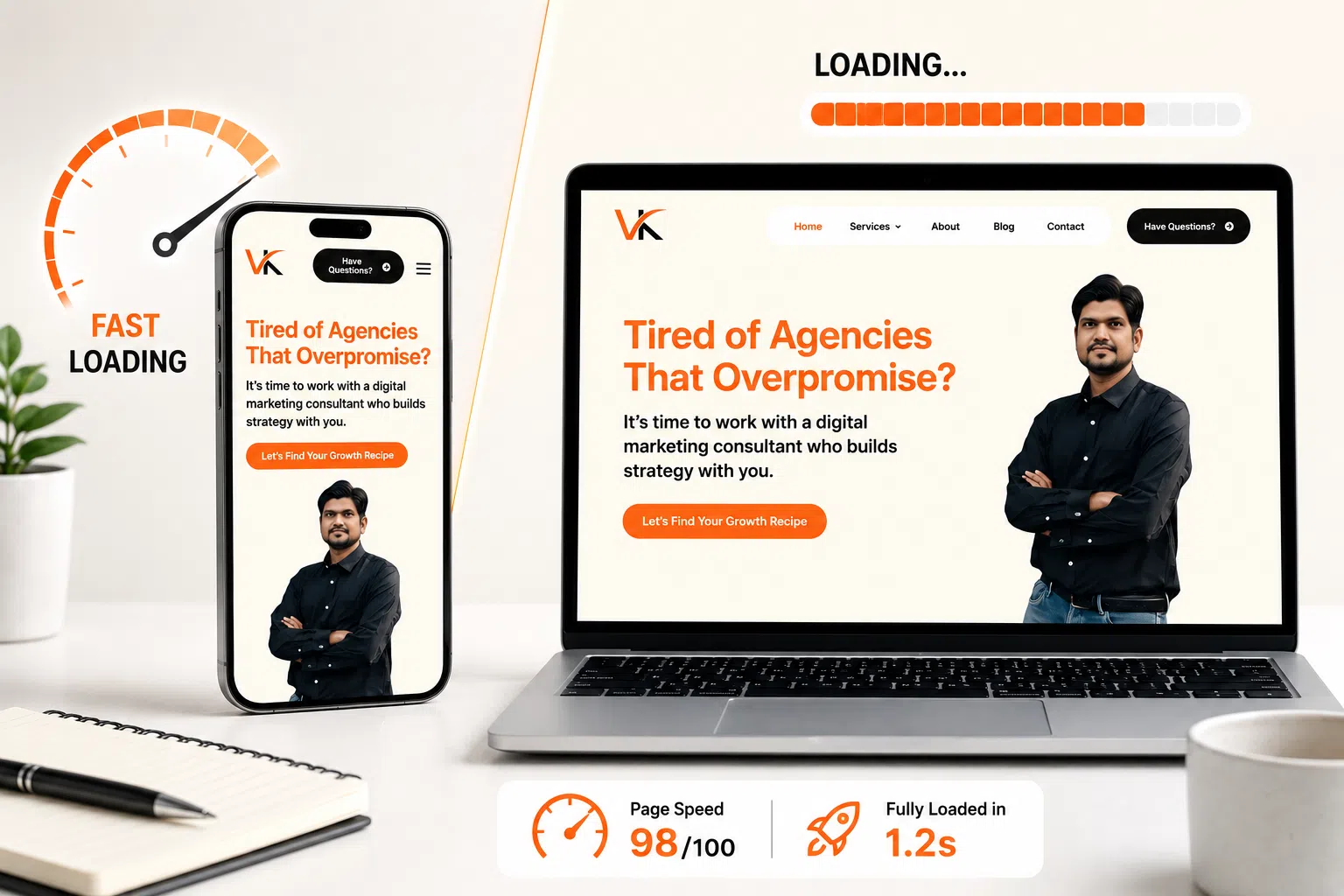 Responsive website displayed on a laptop and smartphone with fast-loading speed graphics, performance indicators, and a modern minimalist workspace featuring orange, black, and white branding.