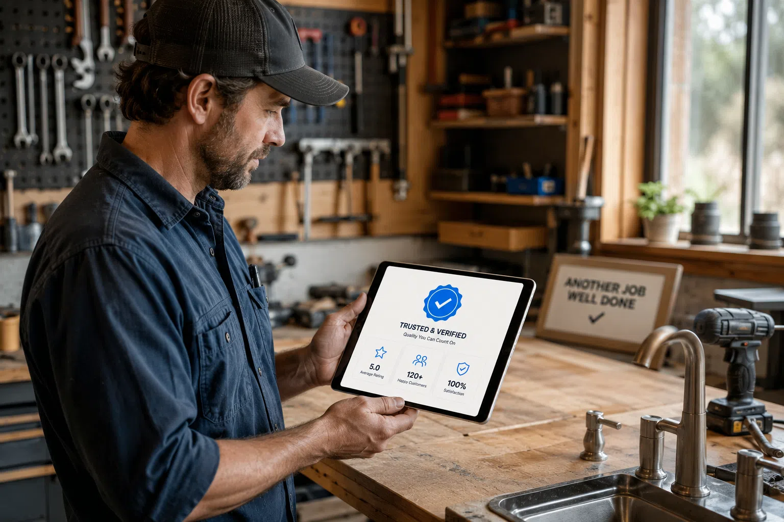Tradesperson in a well-equipped workshop holding a tablet displaying a verification badge and trust-rating icons, with tools and completed work visible in the background.