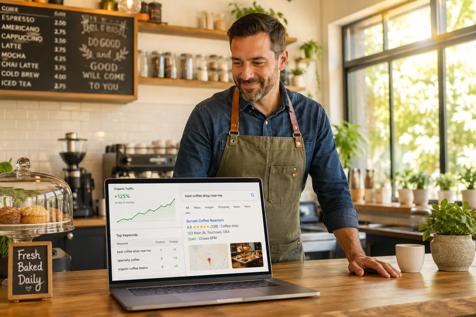 Small business owner in a modern café reviewing a laptop with a rising performance graph and search results, standing behind the counter in warm morning light.