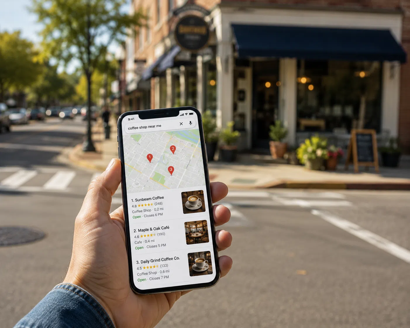 Hand holding a smartphone displaying a local map with business listings and star ratings, with a blurred storefront across a sunny street in the background.