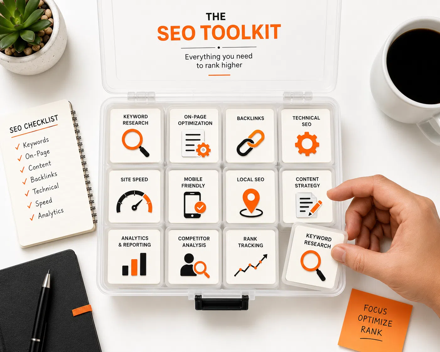 Top-down view of a minimalist SEO toolkit organizer with labeled compartments for keyword research, backlinks, technical SEO, site speed, local SEO, analytics, and content strategy, with a hand selecting one tool.