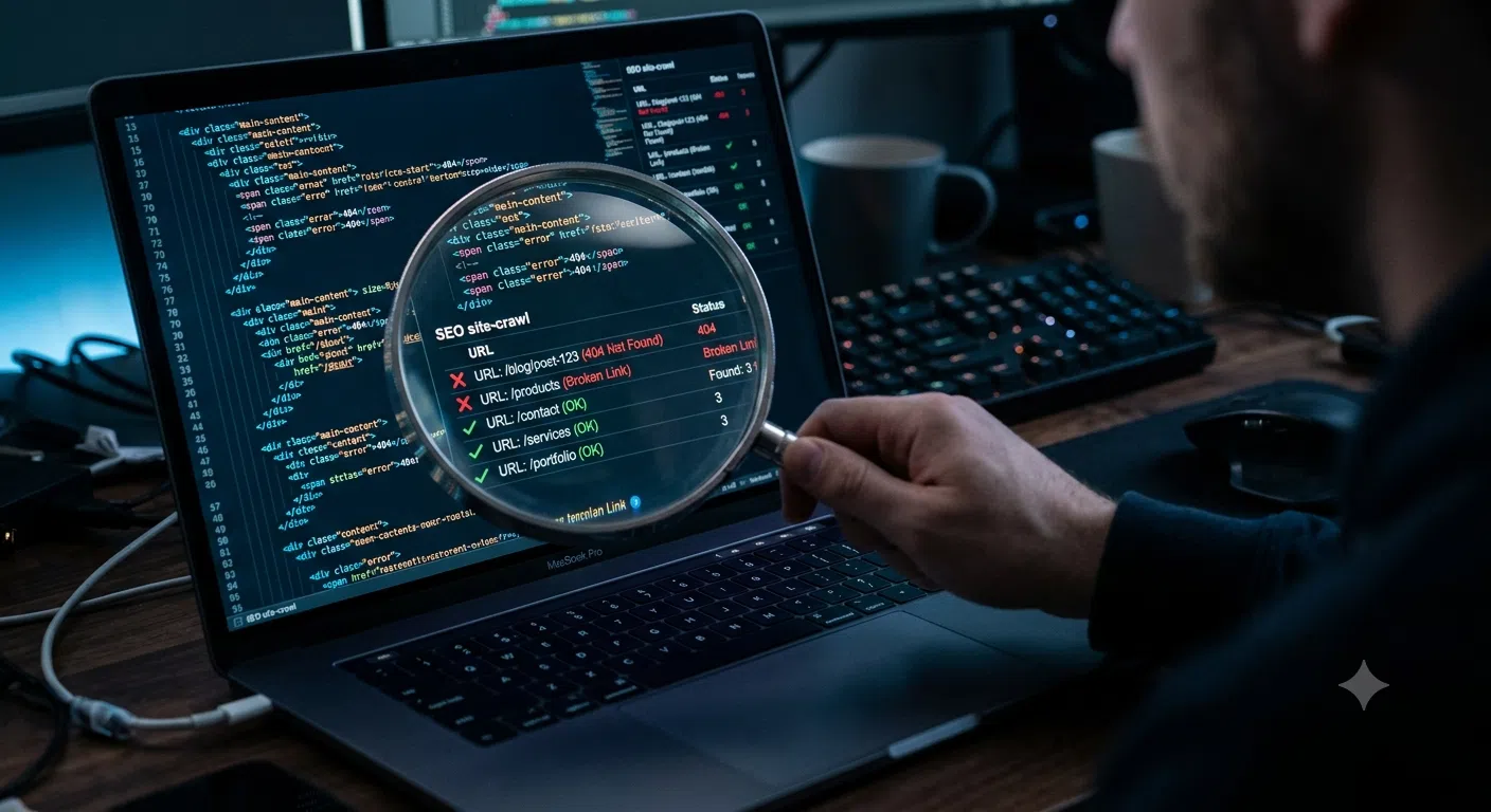 A hand holds a magnifying glass over a laptop screen displaying rows of website code and an 'SEO site-crawl' table with green checkmarks and red x's, indicating a crawl report.