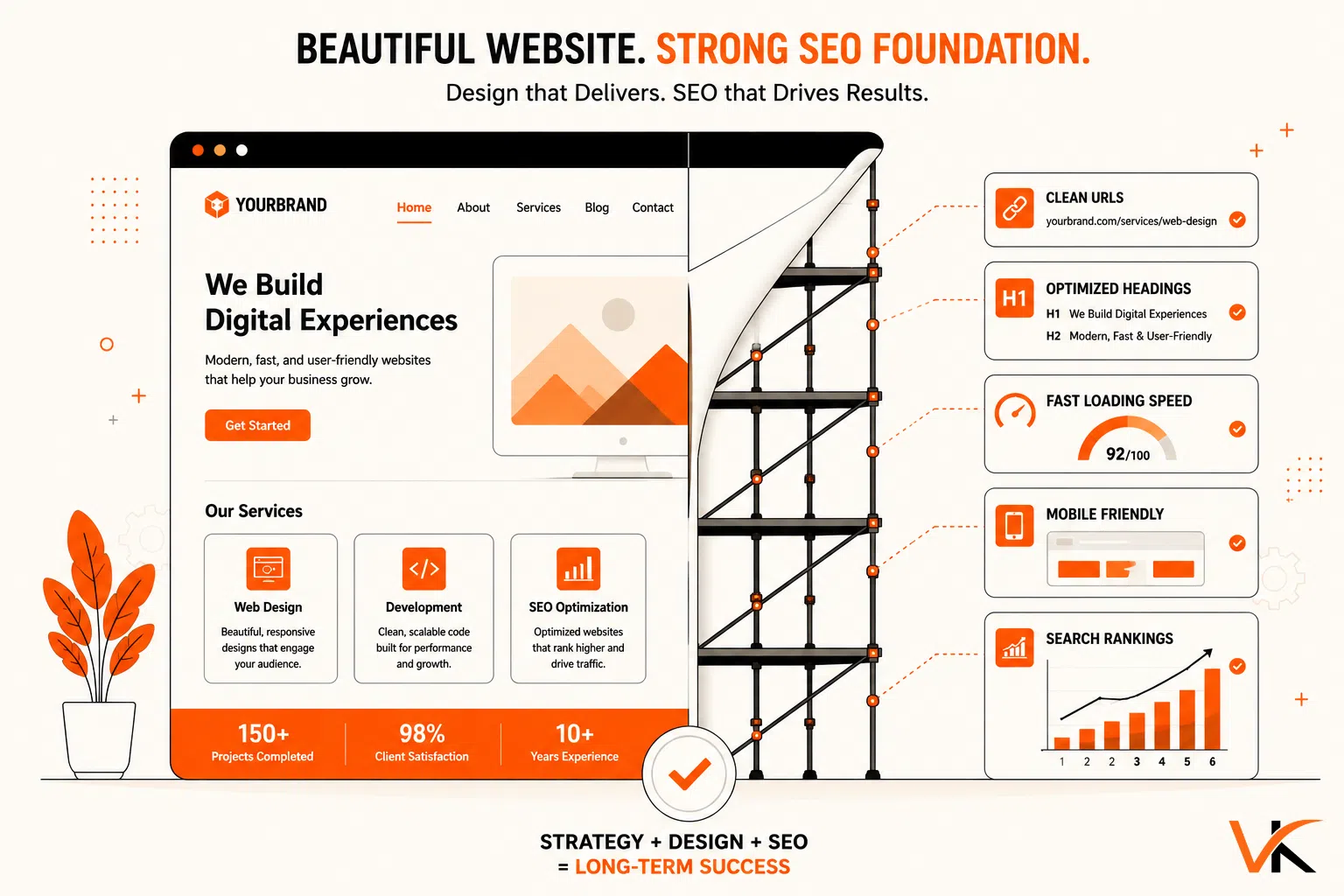 A modern semi-flat illustration showing a website interface alongside its SEO foundation, including clean URLs, headings, page speed, mobile optimization, and rising search ranking metrics connected by visual indicators.