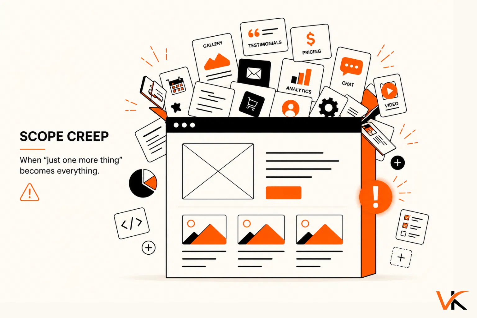 A horizontal flat vector illustration of a website wireframe overflowing with icons and features, highlighted by orange warning accents to represent website scope creep.