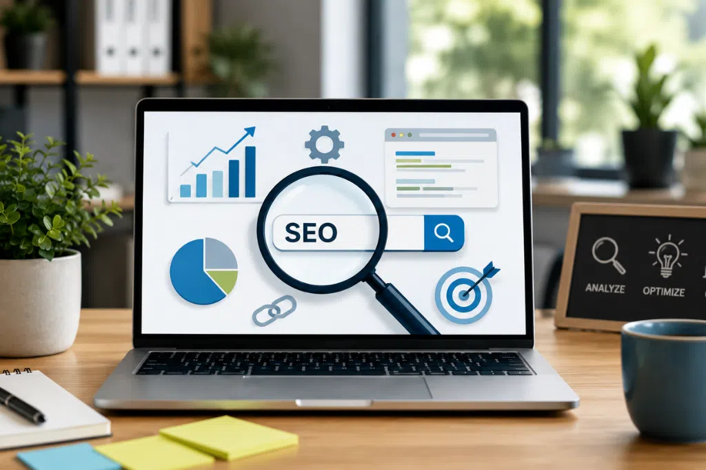 Laptop displaying an SEO search bar with "SEO" typed in, surrounded by analytics graphics, charts, a magnifying glass, and office desk accessories in a modern workspace.