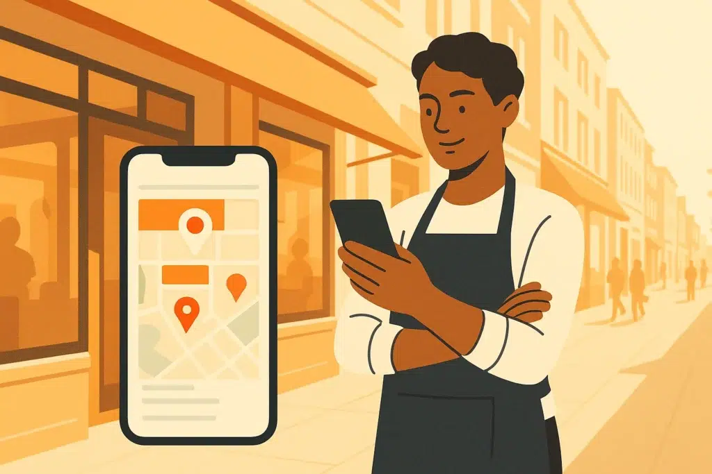 A small business owner stands outside their shop, checking a smartphone displaying their business ranked at the top of Google Maps.
