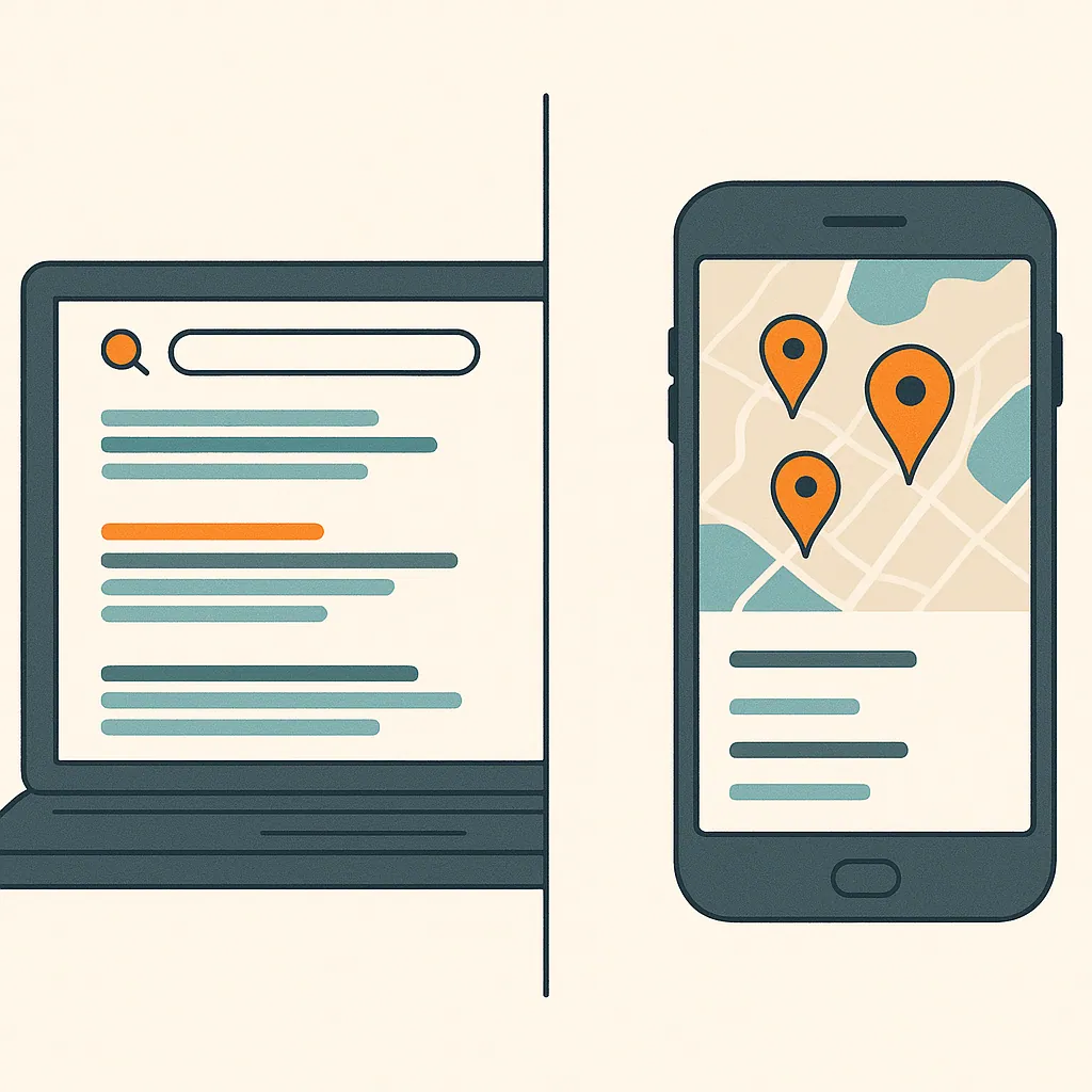 A laptop shows a search results page on the left, while a smartphone displays a Google Maps local pack with ranked pins on the right.