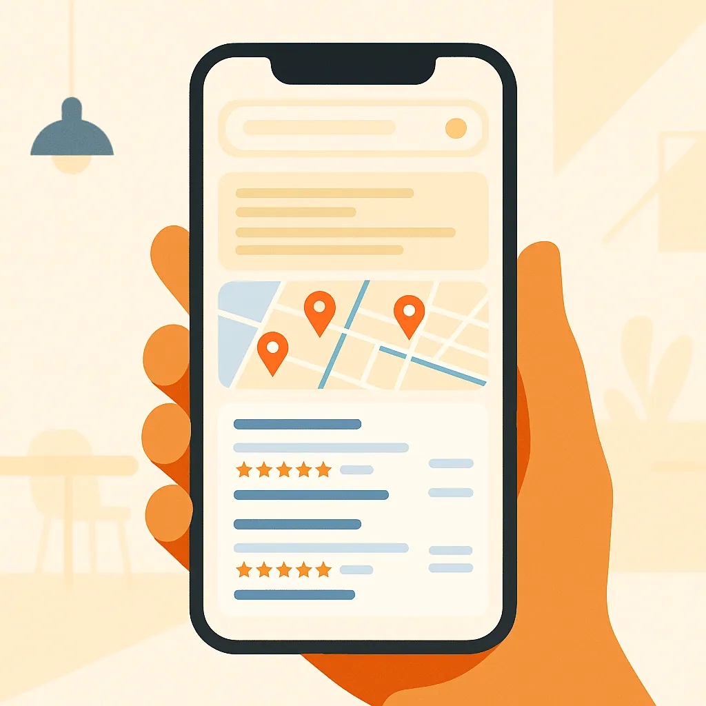 A hand holding a smartphone displaying Google local search results with a three-listing local pack and a map.