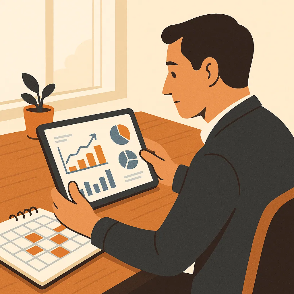 A business owner examines an analytics dashboard on a tablet at a neat desk with a filled appointment calendar nearby.