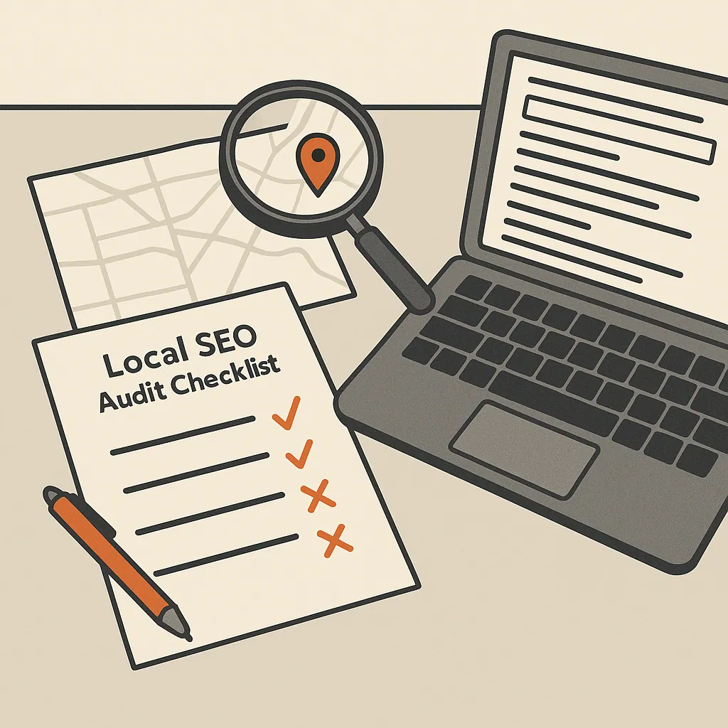 A desk with a local SEO audit checklist, a red pen, a magnifying glass over a map, and a laptop displaying directory listings.