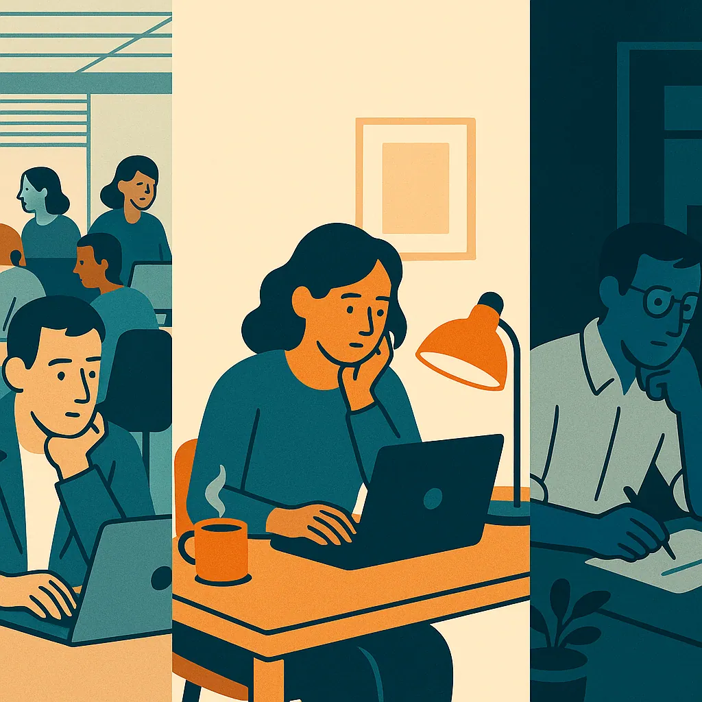 A split-screen showing a busy office, a freelancer at home, and a solo business owner working at night.