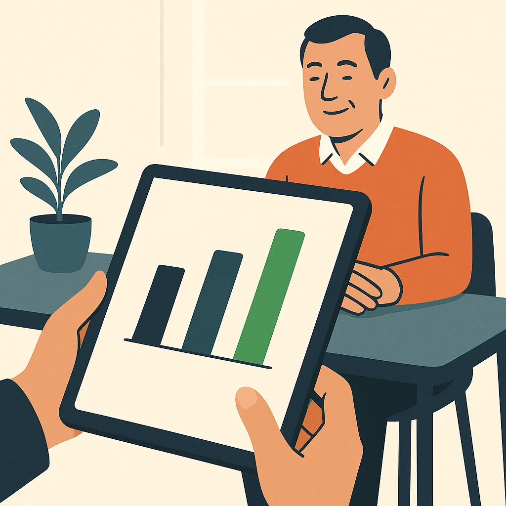 A person holds a tablet displaying a performance report with bar charts while a business owner nods across a small table.