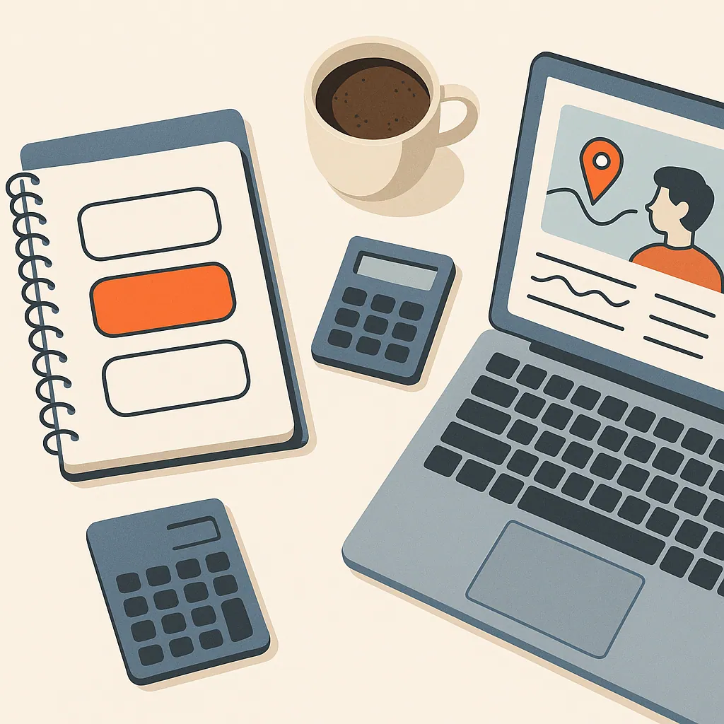 A flat-lay desk scene featuring a notebook with pricing tiers, a calculator, a coffee cup, and a laptop with a search dashboard.