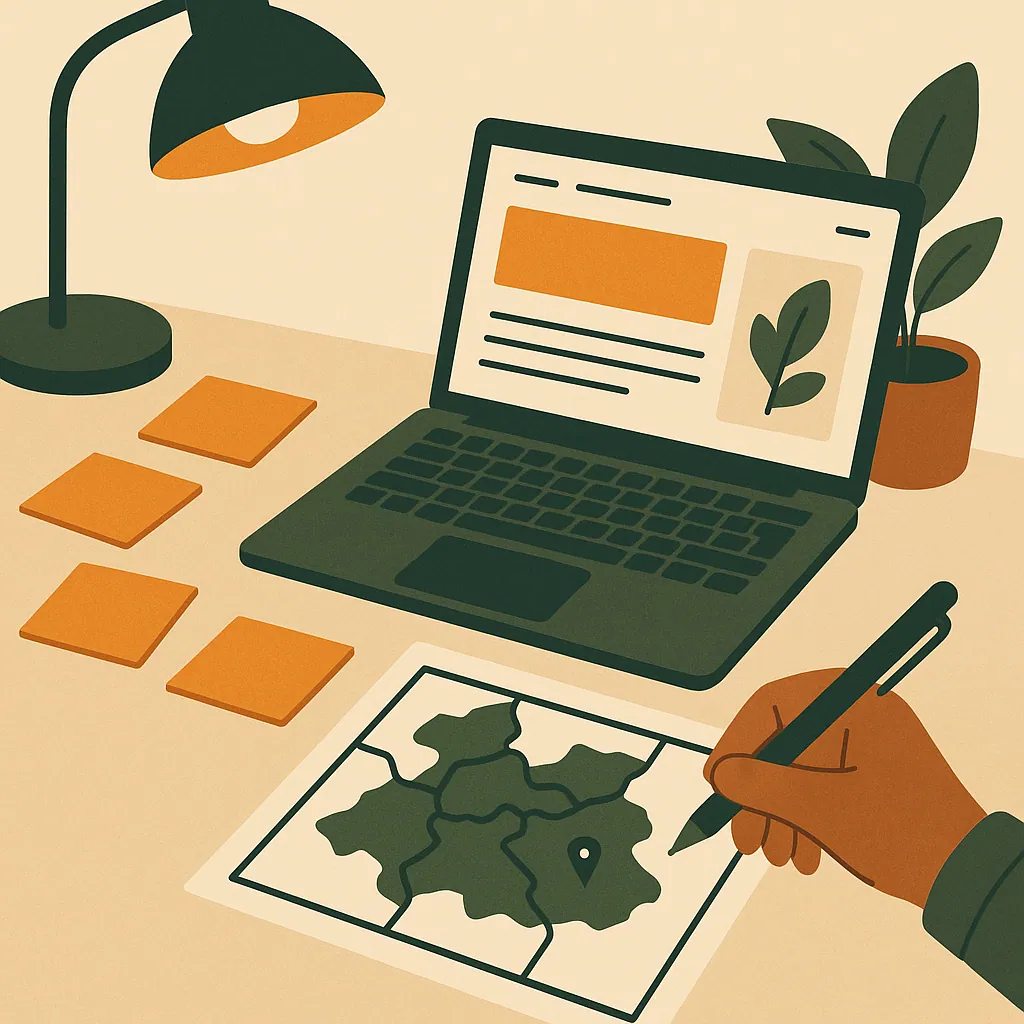A laptop displaying a website page next to sticky notes with local place names and a small map on a desk.