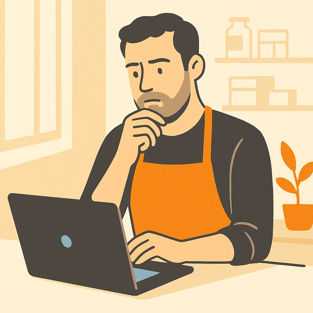 A small business owner looks thoughtfully at a laptop in a shop, suggesting decision-making.