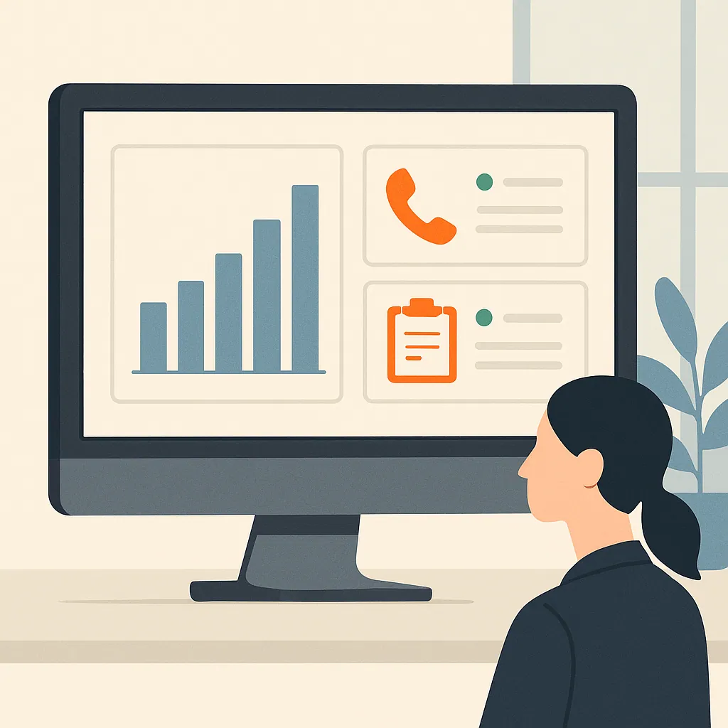 A monitor displays an analytics dashboard showing phone calls and lead form submissions in a professional office setting.