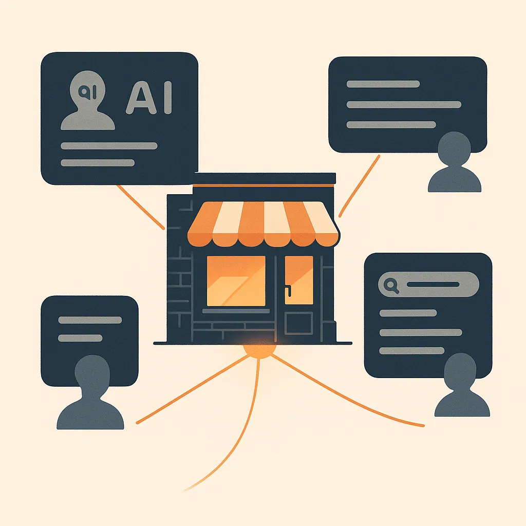 A small business storefront connected by light threads to floating abstract AI interfaces and search result panels.