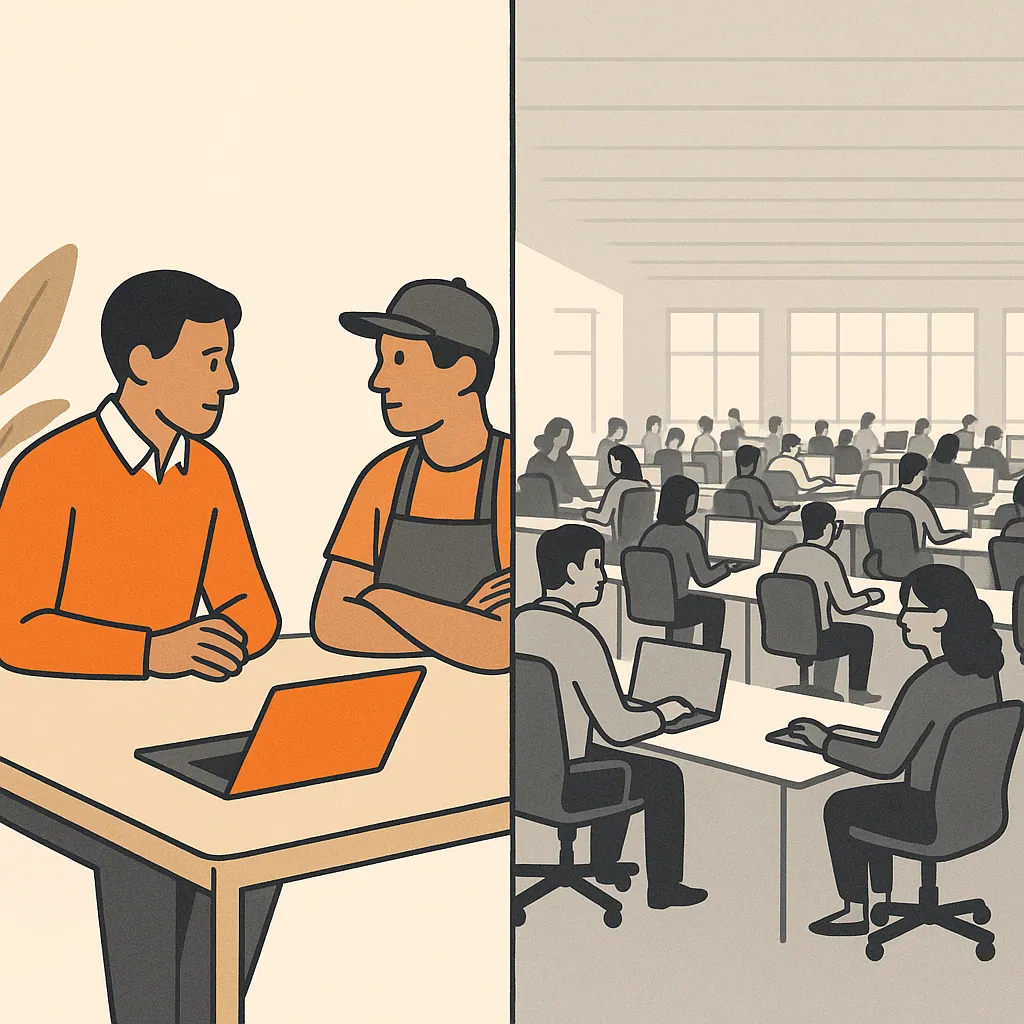 A consultant works one-on-one with a small business owner at a desk, contrasted with a busy agency floor filled with desks.
