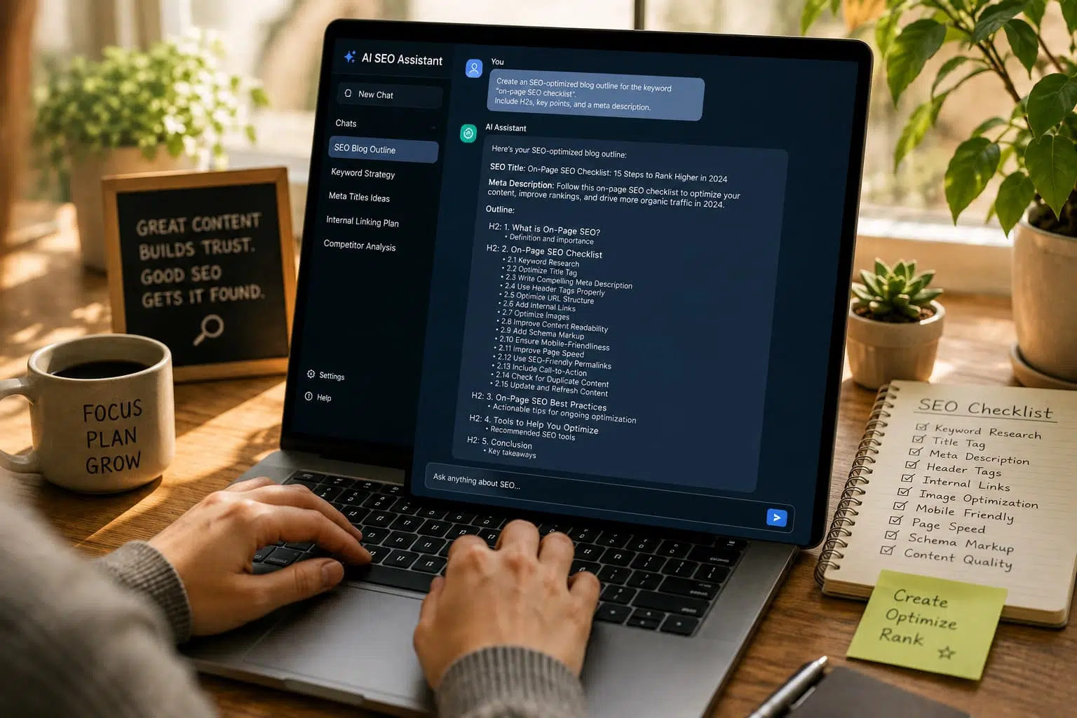 Person typing on a laptop displaying an AI SEO assistant with an SEO content outline in a warm creative workspace.
