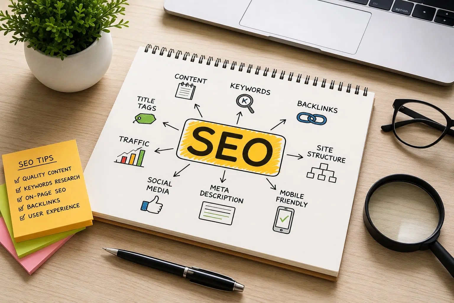 SEO tips and strategy notebook showing keywords, content, backlinks, site structure, and on-page optimization.