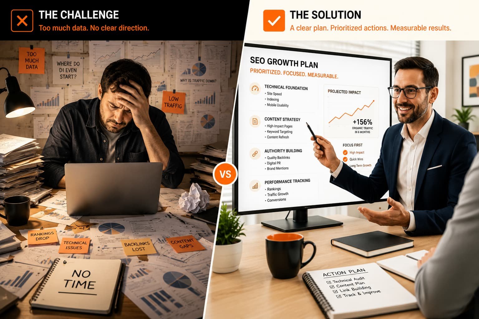 Split-screen showing an overwhelmed business owner surrounded by SEO data and a consultant presenting a prioritized SEO growth plan.